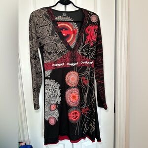 Desigual - Business Casual Office Wear Black and Red Long Sleeve Mini Dress